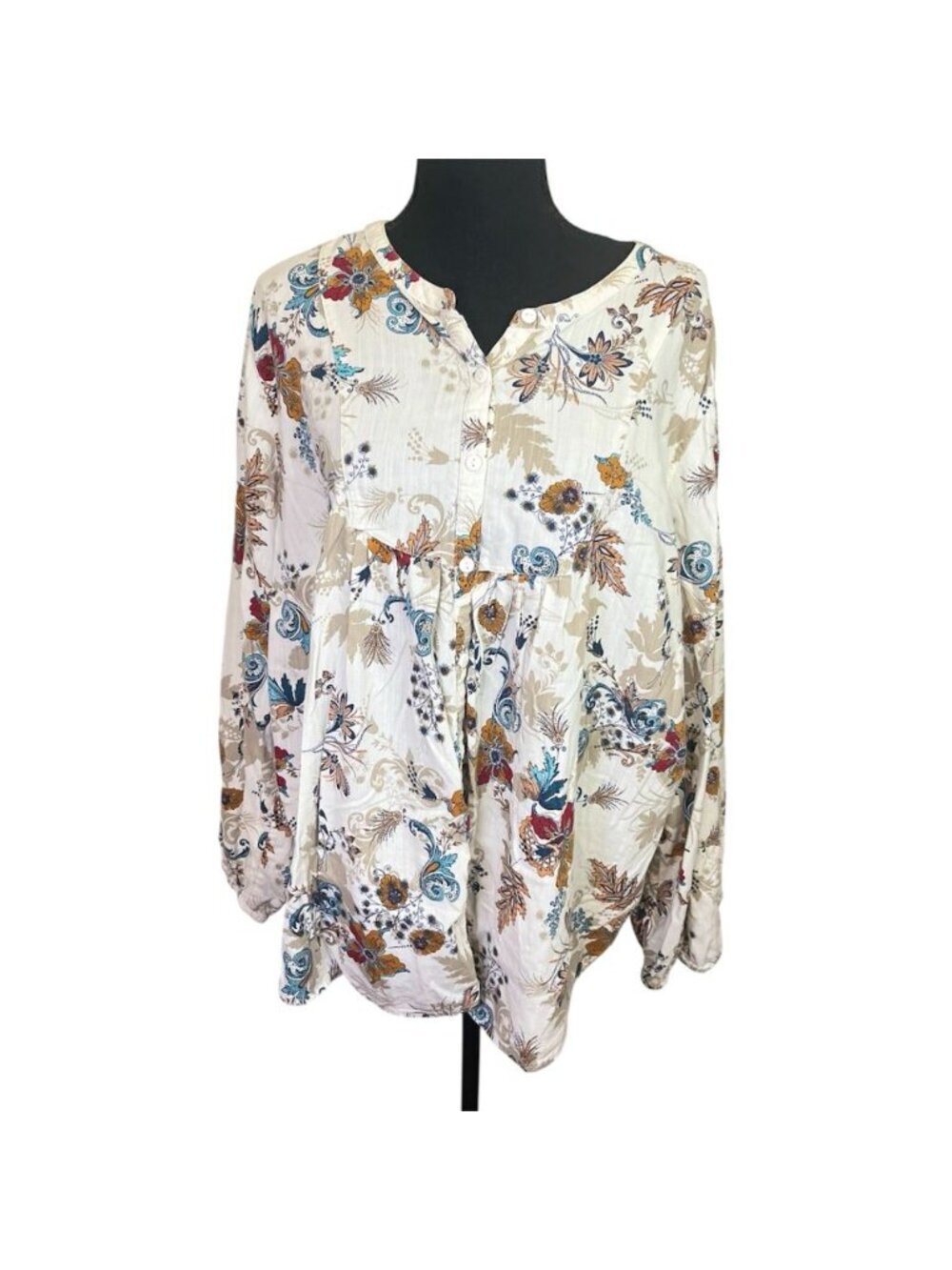 St. John's Bay Peasant Blouse Sz 1X Floral Long Sleeve Boho Babydoll Cottagecore